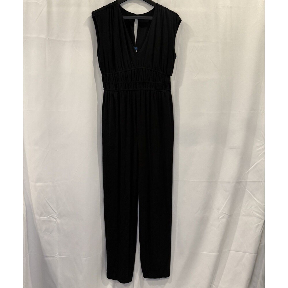 Black Sleeveless V-Neck Smocked Waist Wide Leg Jumpsuit with Pockets